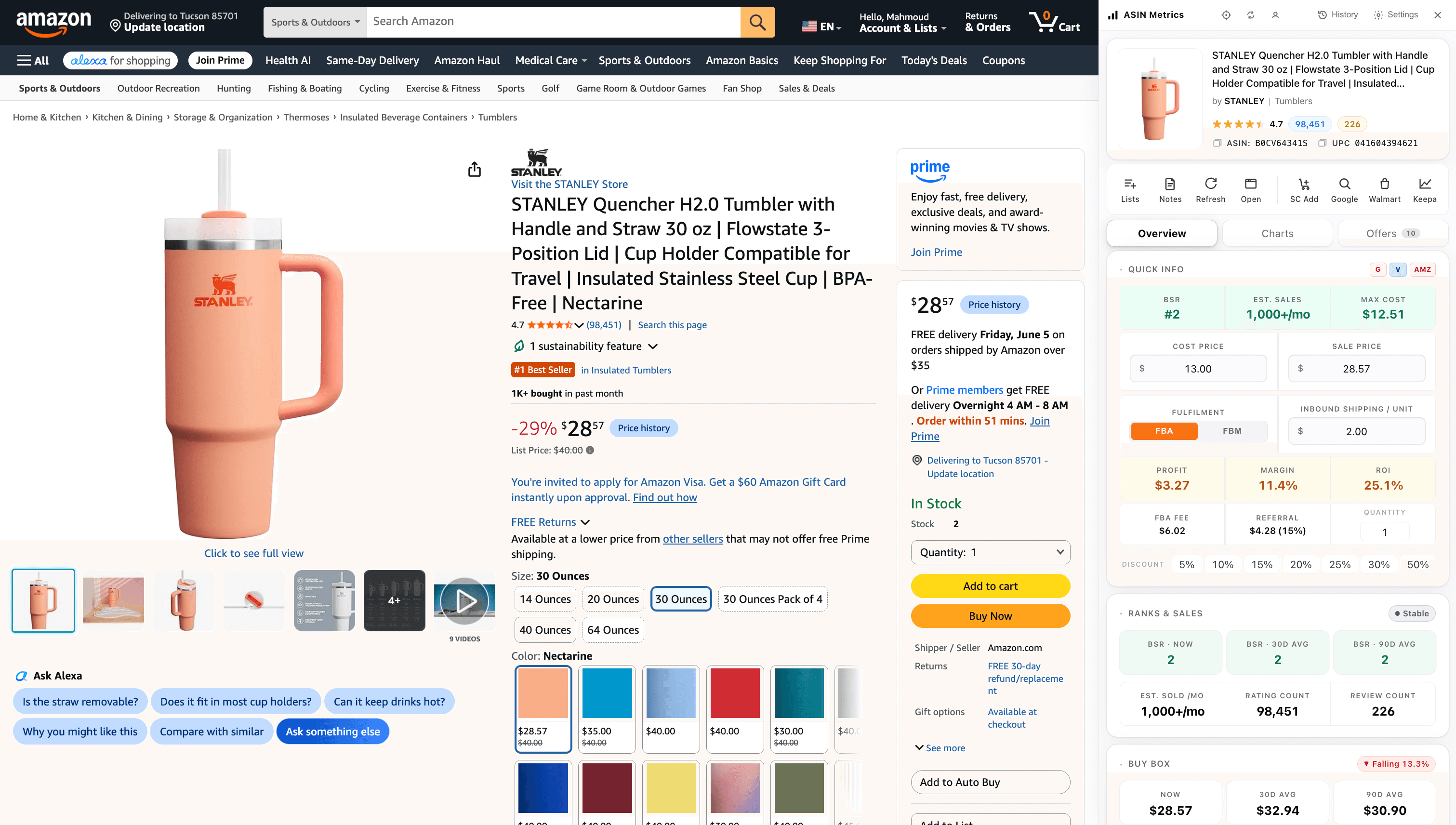 ASIN Metrics Chrome extension docked on an Amazon product page — live profit, ROI, fees, BSR and the Buy Box.