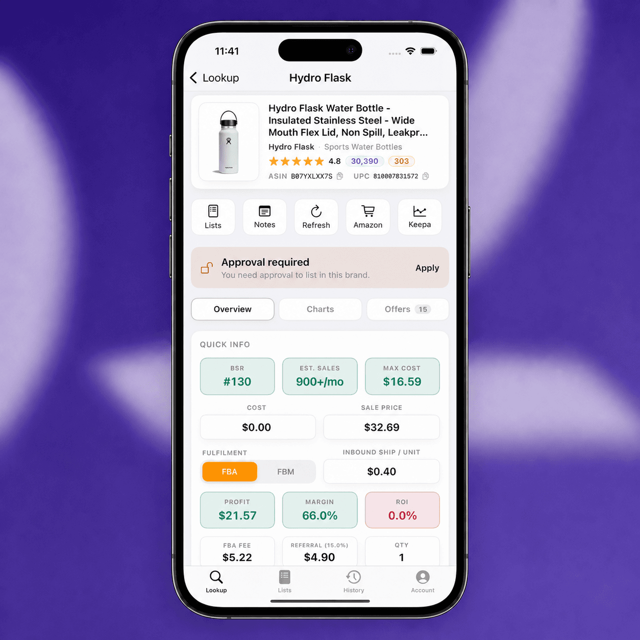 ASIN Metrics iPhone app showing a live Hydro Flask lookup — profit, ROI, BSR, fees and gating