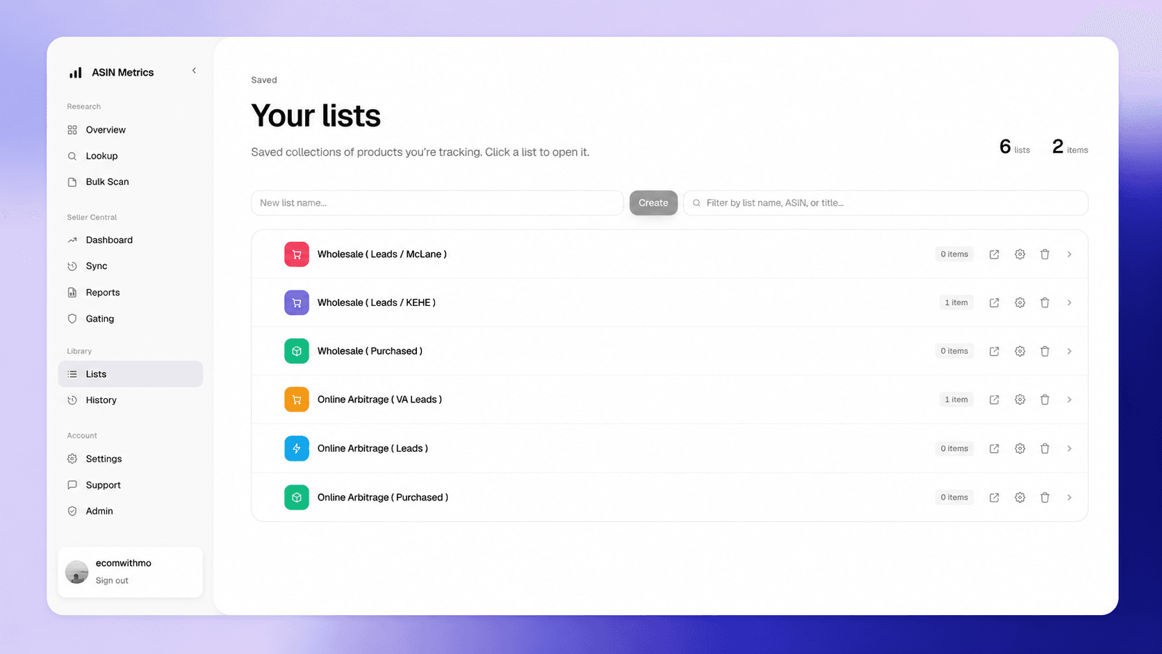 ASIN Metrics lists library — saved, color-coded lists for wholesale and online-arbitrage leads.