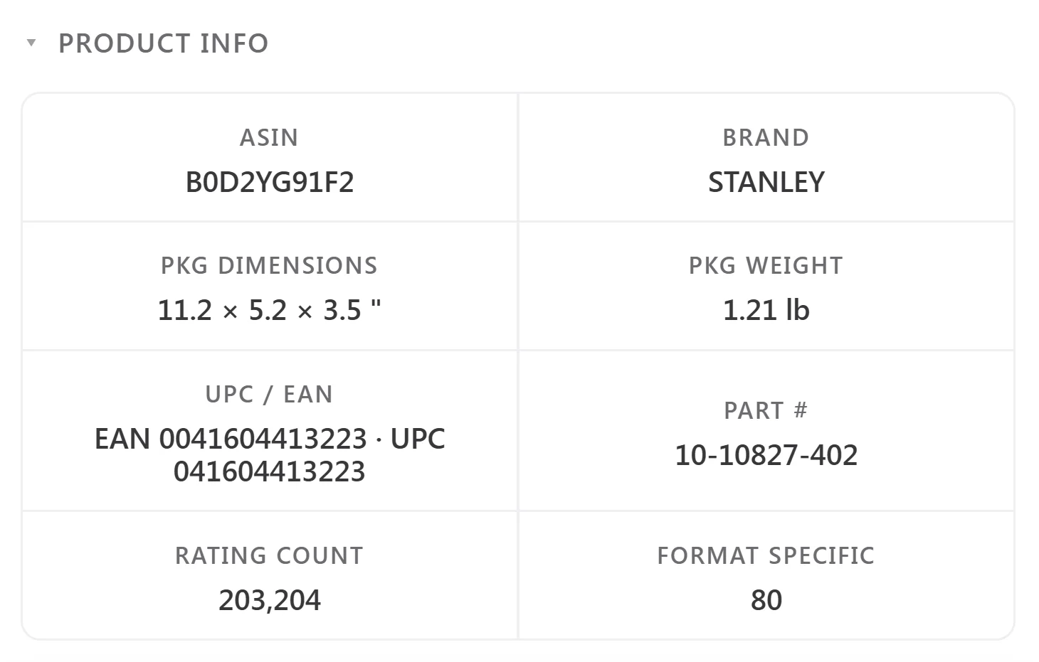 The Product Info card: ASIN, brand, package dimensions 11.2 by 5.2 by 3.5 inches, weight 1.21 lb, EAN and UPC codes, part number and rating count