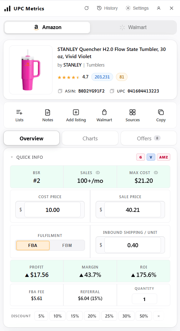 The UPC Metrics extension panel on the Amazon listing for a Stanley Quencher tumbler — the Amazon / Walmart toggle, product header, Quick Info and the live profit calculator on real Amazon fees.