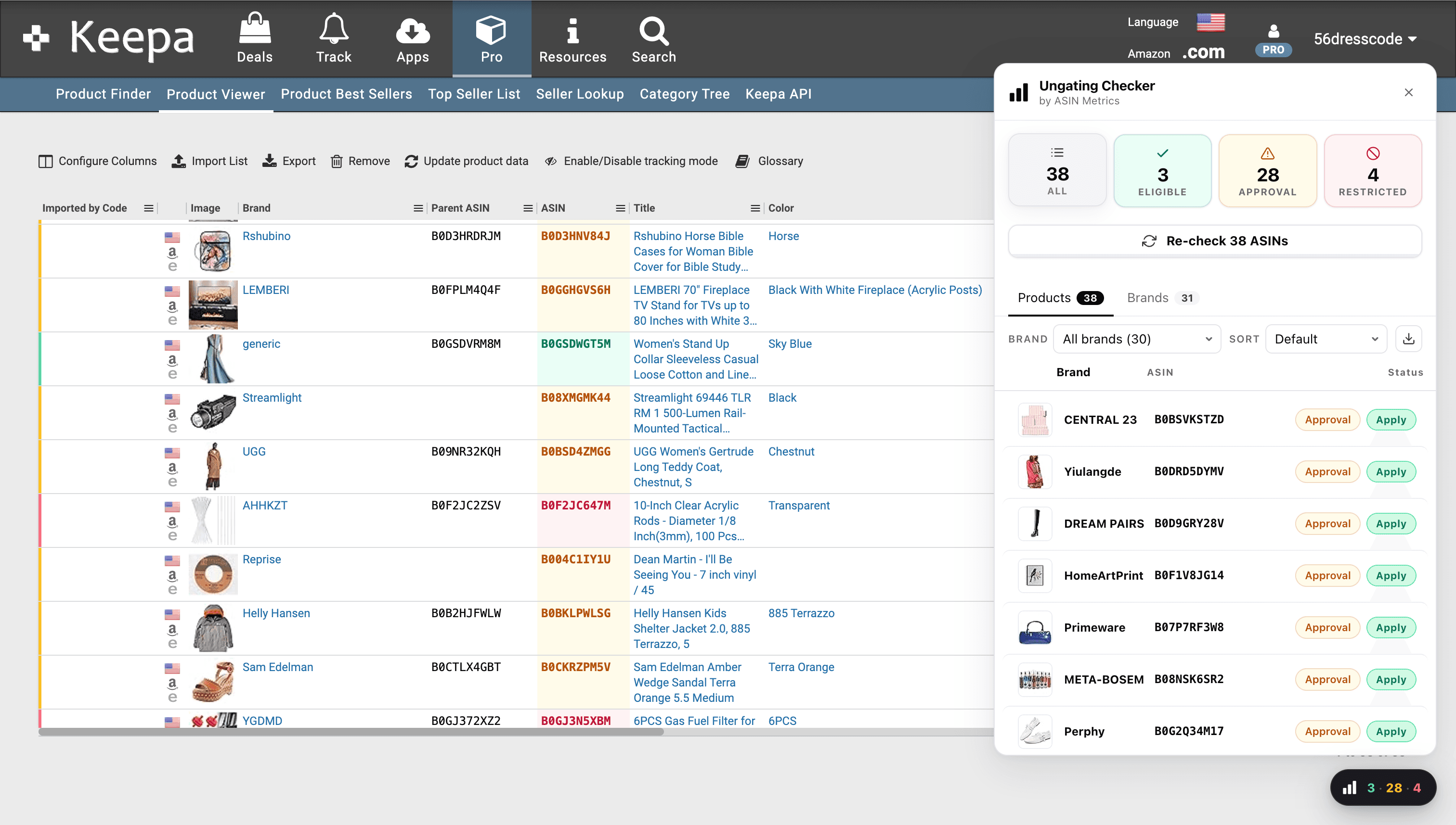 ASIN Metrics Ungating Checker docked on a product page — eligible, approval-needed, and restricted ASINs.