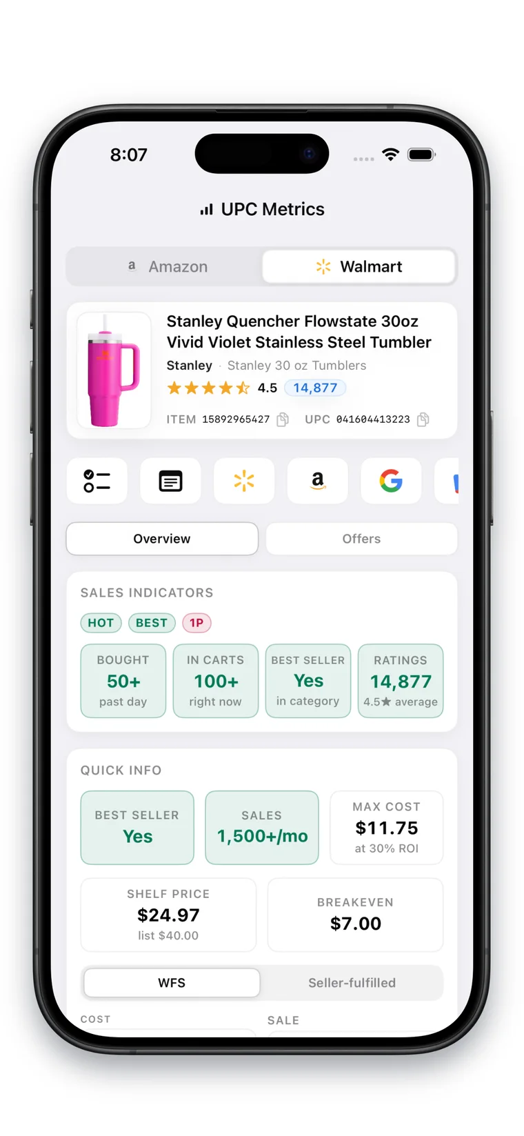 The same product in Walmart mode: hot and best-seller indicators, bought past day and in-carts signals, and the Quick Info card with max cost at 30 percent ROI, shelf price, breakeven and a WFS toggle