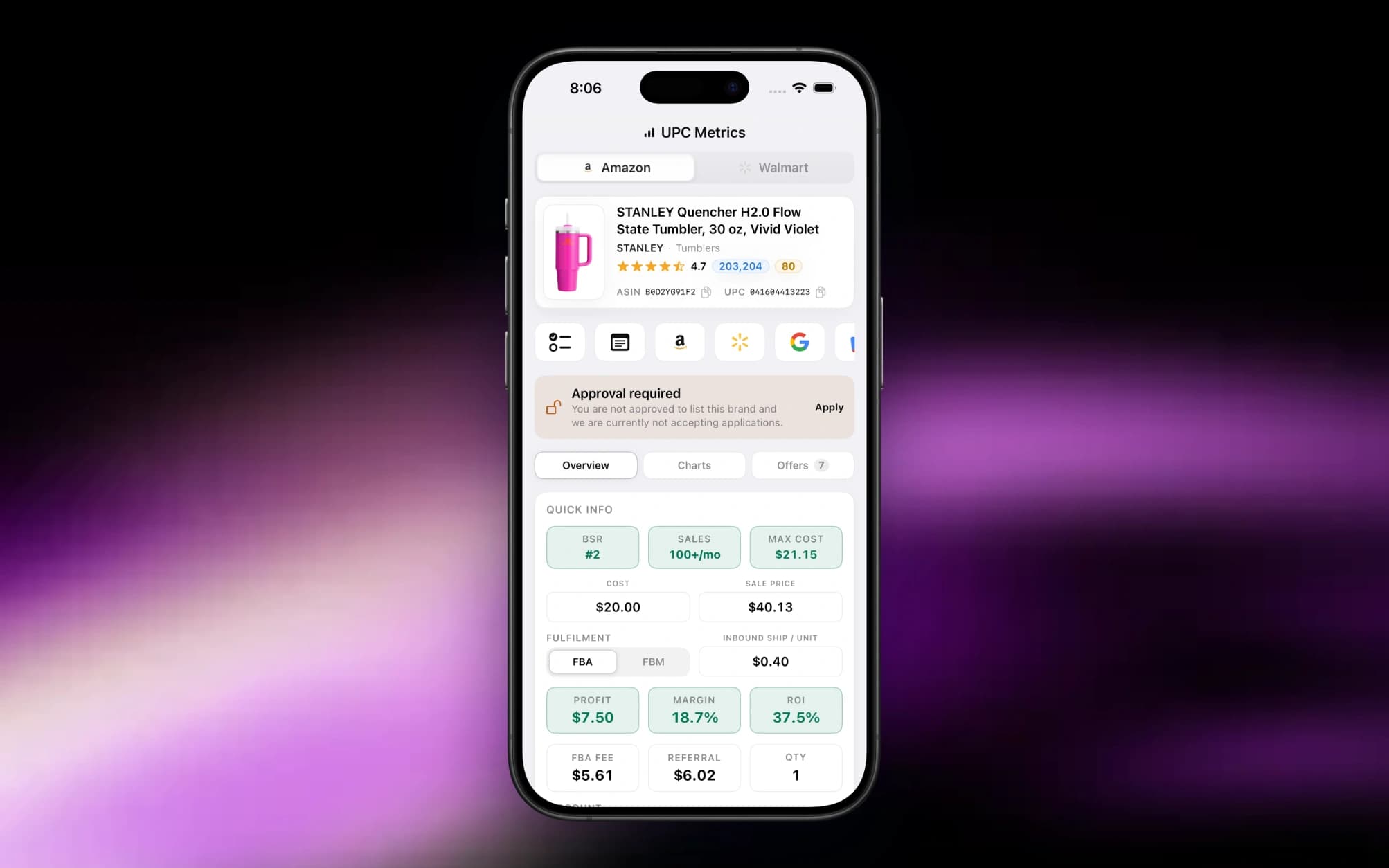 UPC Metrics iPhone app showing a live Stanley Quencher lookup — profit, ROI, BSR, fees and gating