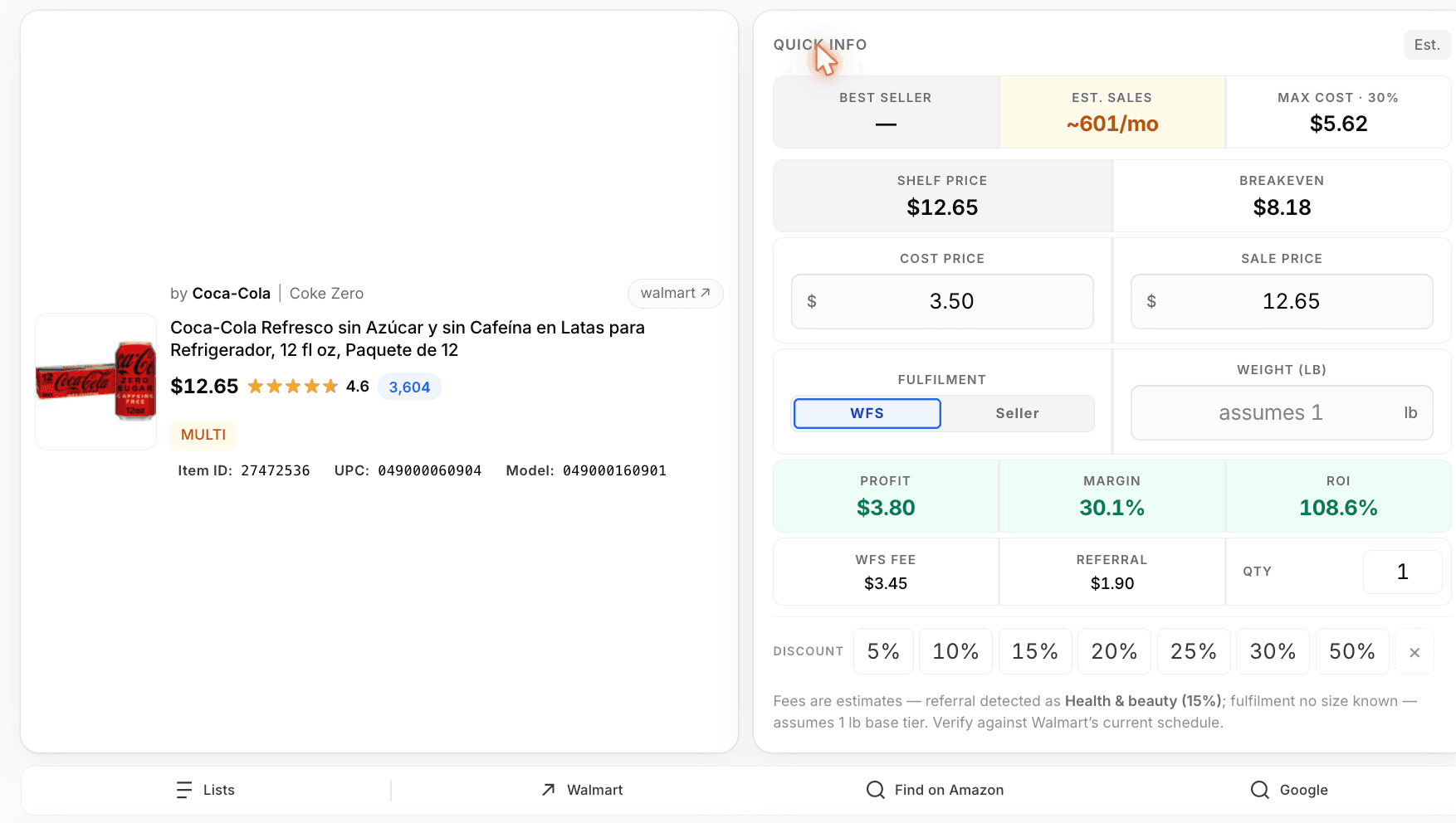 A Walmart item lookup with an estimated WFS and referral profit calculator: cost, sale price, profit, ROI, margin, breakeven and max cost, all labelled as estimates